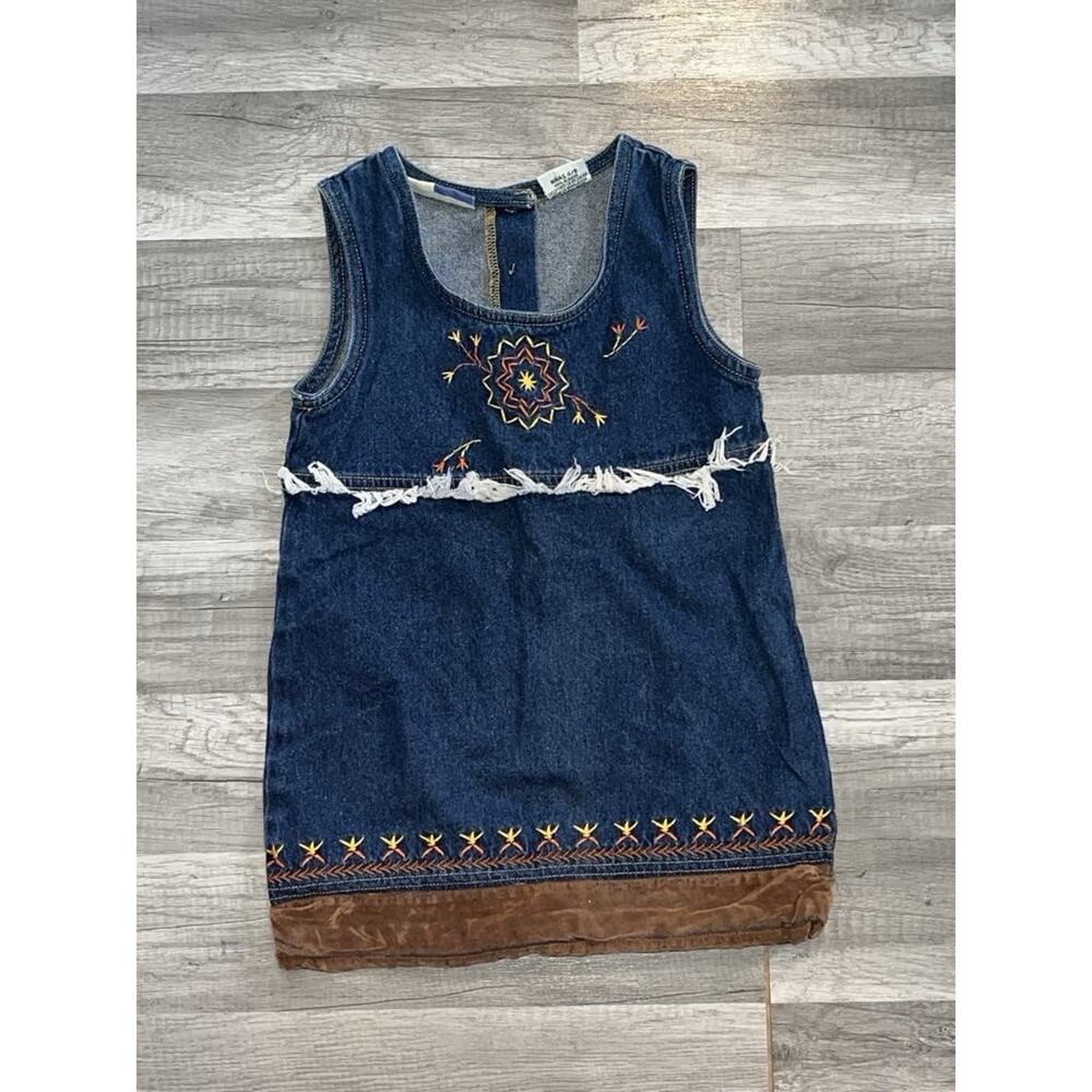 Vintage Toddler Girls Denim Western Dress With Fringe Native Design Size 4/5